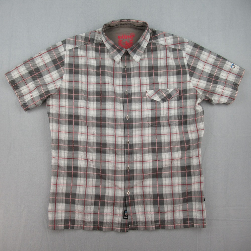 KUHL Shirt Mens Large Gray Red Plaid Short Sleeve Button Up
